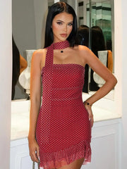 BXOXO Scarf Collar Polka Dot Mini Dress Women Robe Fashion Off-shoulder Backless Sleeveless Ruffled Club Party Dress Vestido