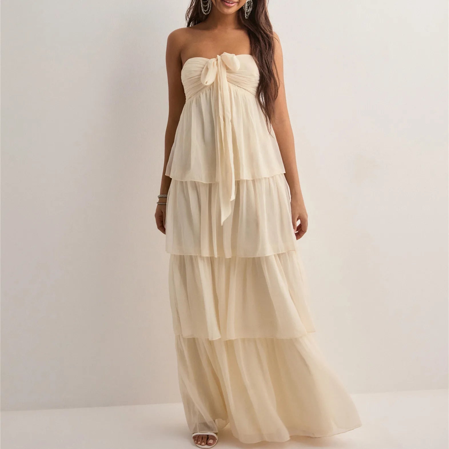 BXOXO Women's Strapless Long Dress Fashion Sleeveless Tiered Hem Tube Dress Summer Beach Holiday Party Wedding Dress