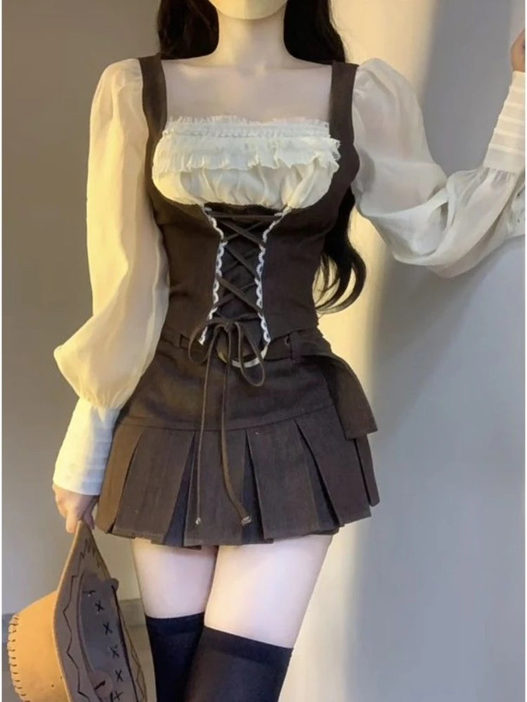 Bxoxo Autumn Korean Fashion Suit Woman Vintage Kawaii 2 Piece Skirt Set Casual Slim Blouse + Party Y2k Mini Skirt Elegant Chic
