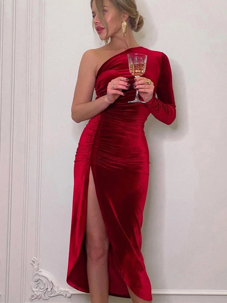 Bxoxo Women Elegant Long Sleeve Party Evening Velvet Bodycon Split Pencil Midi Dress 2024 Spring Autumn Clothes
