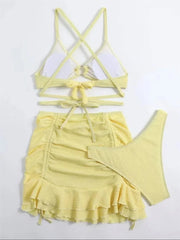 Bxoxo Sexy Yellow Bikini Women Solid Halter Ring Linked Criss Cross Cover Up 3 Piece Swimsuit 2024 Bathing Suit Ruffles Skirt Swimwear