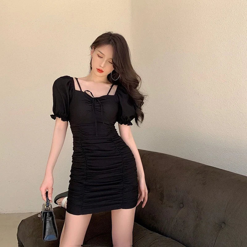 Bxoxo Y2K Ladies Sexy Slim Dress Summer Mini Bodycon Dress Short Style Solid Color Elegant One Piece Korean Style Women's Dress