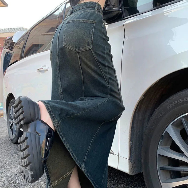 BXOXO Mermaid Denim Skirts Autumn Winter Woman Sexy Bandage Floor-Length Skirt Women Vintage Fashion High Waist Skirts Ladies