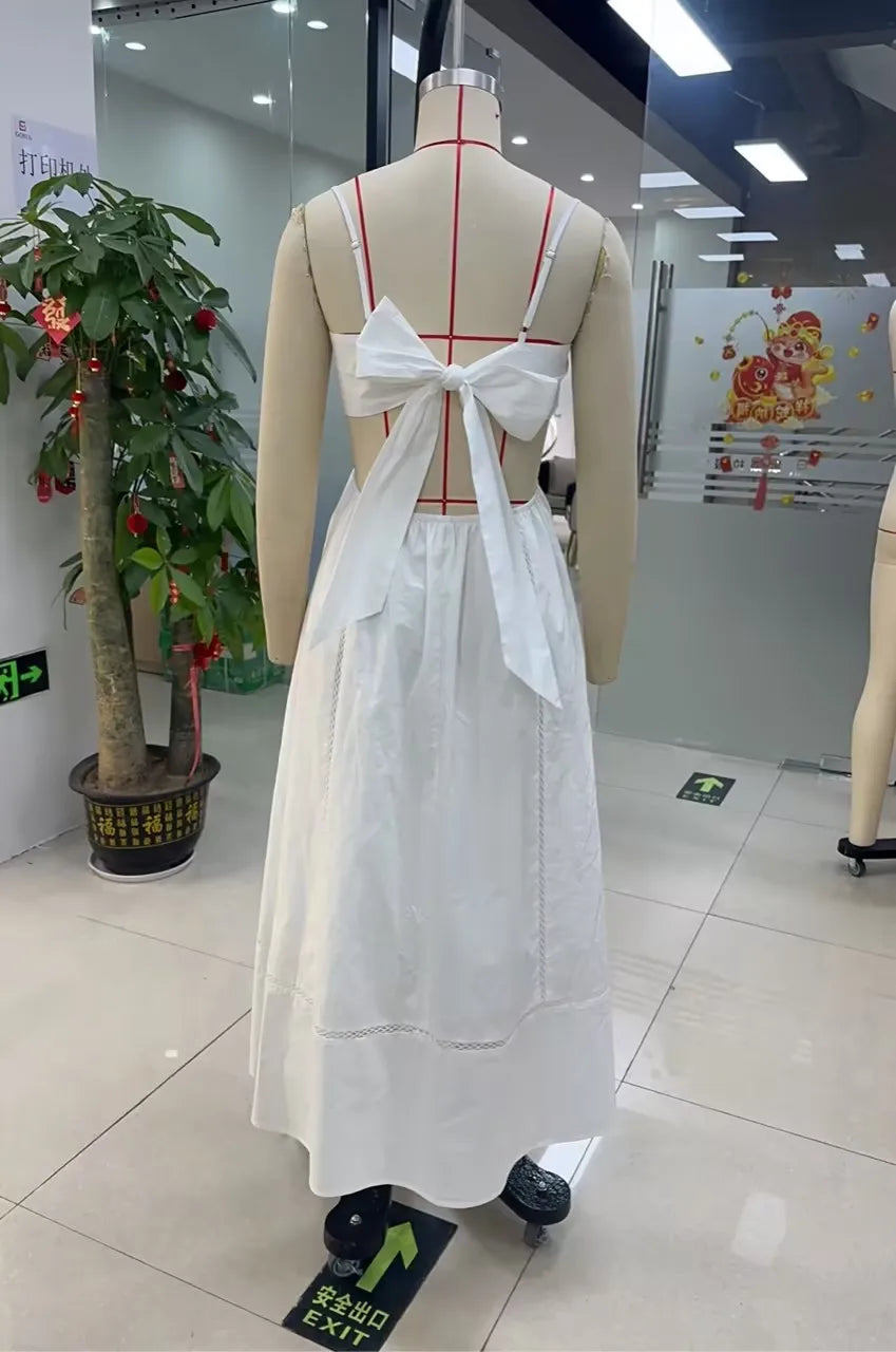 BXOXO Women Hollowed Long Cami Dress with Bow Tie-up Sweetheart Neck Cut Out Back Spaghetti Strap Dress for Daily Party