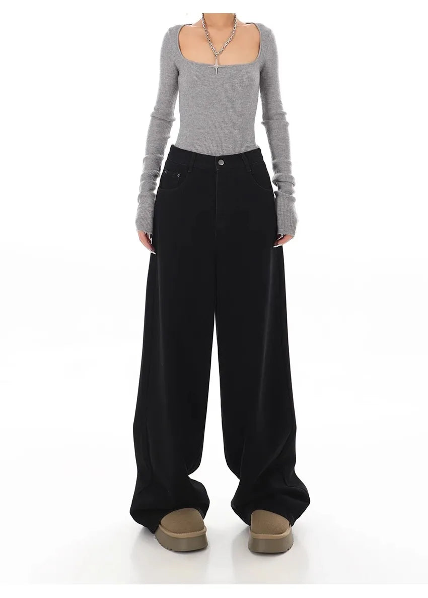 Bxoxo Y2K Black Jeans for Women Korean Fashion Streetwear High Waist Wide Leg Denim Pants Female Baggy Straight Trouser