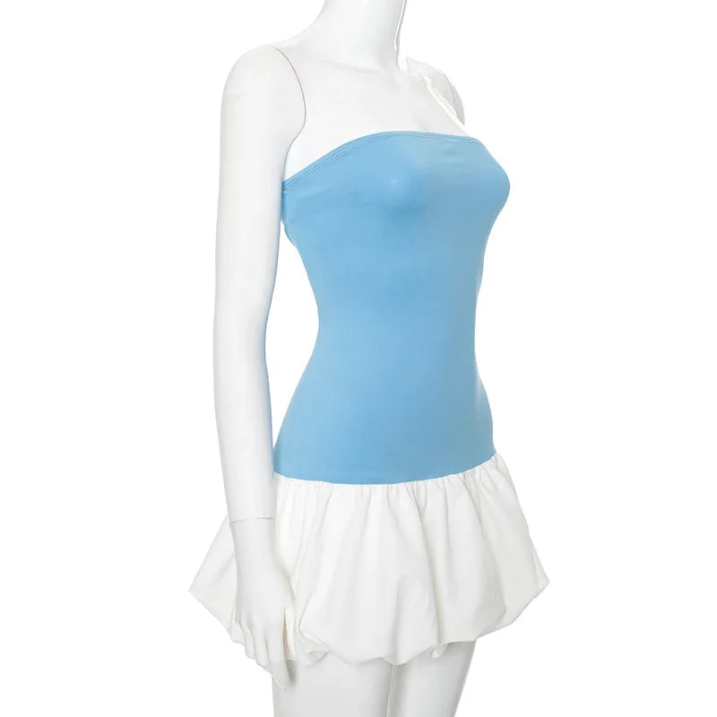 Bxoxo Contrast Color Mini Folds Dress For Women Strapless Sexy Slim Sleeveless Ruched Splice Y2K Beach Female Club Party Dress