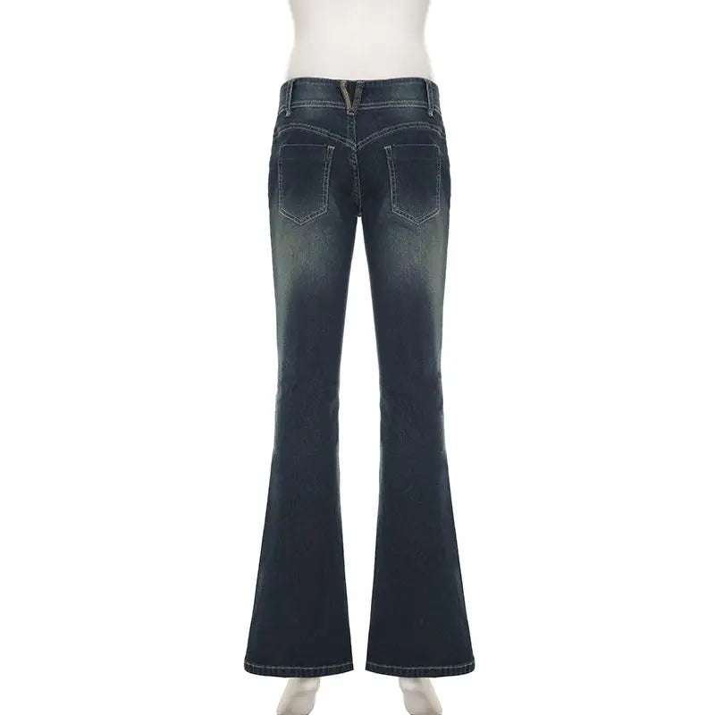 Bxoxo Vintage Washed Basic Flared Jeans Women Low Waist American Style Slim Denim Pants Button-up Trousers Casual Aesthetic