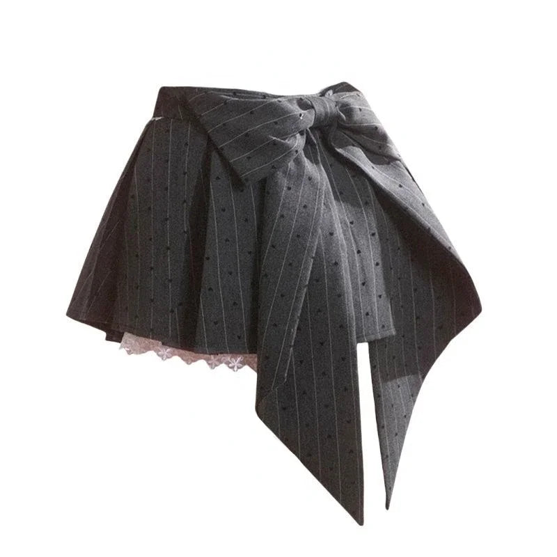 Bxoxo New Gray Pleated Y2k Mini Skirt Women Summer Lace Patchwork Bow Fashion Skirt Lolita Style Striped Dot Print Cutecore Skirt