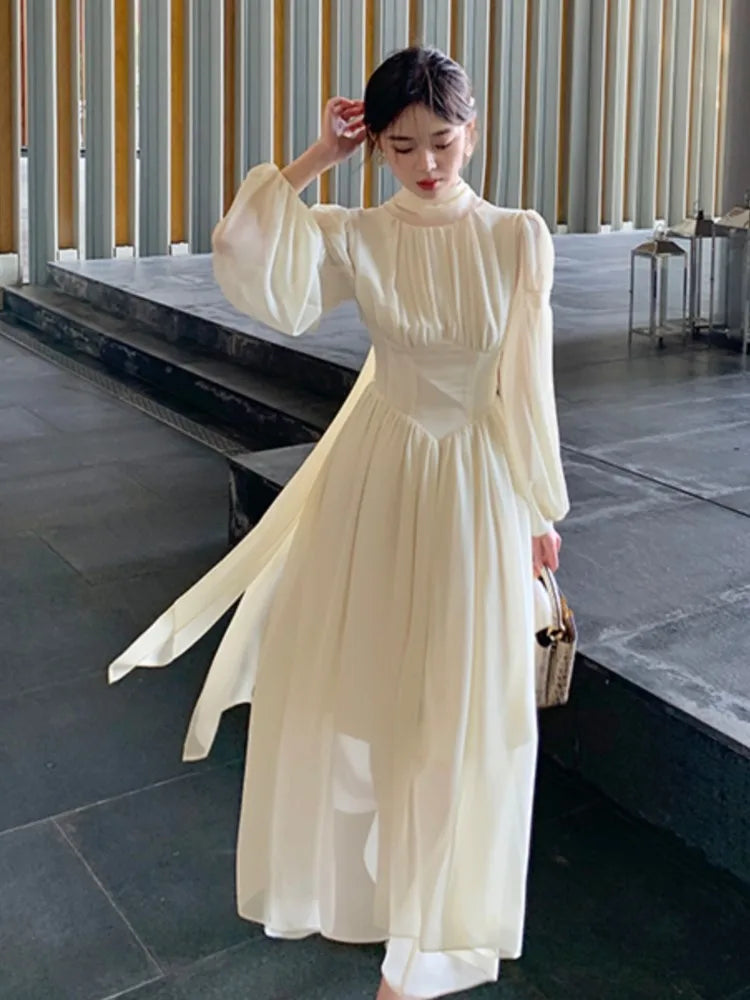 BXOXO French Elegant Slim Ruffle Dress Summer Women Graduation Evening Party Robe Female Bubble Sleeve Korean Chiffon Vestidos