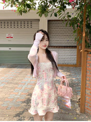 Bxoxo Summer Japanese 2 Piece Dress Set Women Elegant Casual Cardigan + Sweet Slim Floral Y2k Mini Dress Elegant Beach Korean