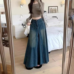 BXOXO Vintage Washing Denim Skirt Women's High-waisted Slimming A- line Long Dress Patchwork Style Spring Season New Arrival