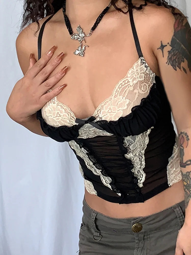 BXOXO Lace Stitching Camis y2k Aesthetic Goth Black Corset Crop Top Clubwear Mesh Transparent Sexy Tank Tops Vintage Grunge
