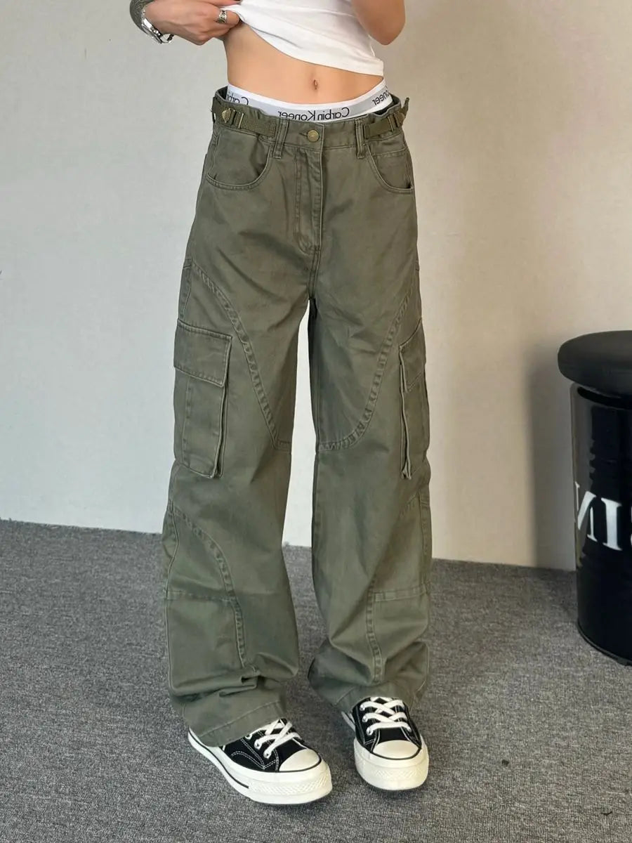 Bxoxo Y2k Green Vintage Cargo Pants Women Harajuku Multiple Pockets Korean Fashion Denim Pants Baggy Hip Hop Trousers Spring