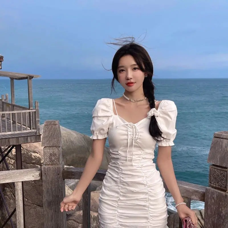 Bxoxo Y2K Ladies Sexy Slim Dress Summer Mini Bodycon Dress Short Style Solid Color Elegant One Piece Korean Style Women's Dress