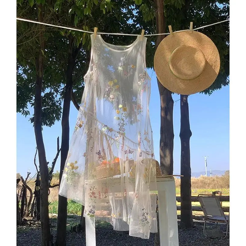 Bxoxo Mesh Floral Embroidery Tank Dresses Fairycore Y2k Sweet Sleeveless Dress See Through Cover Up Shoujo Girl Aesthetic