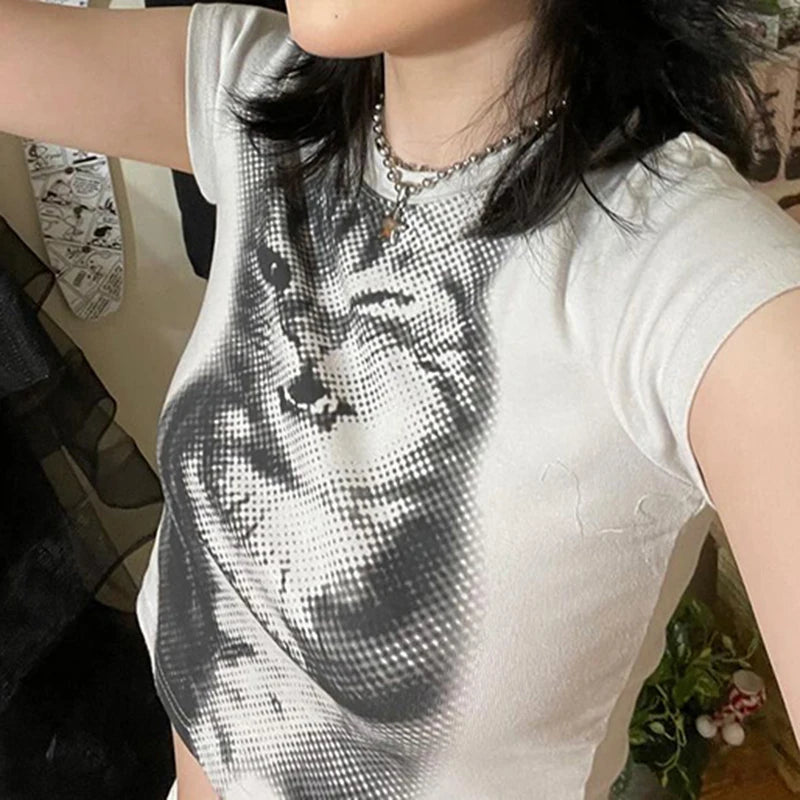BXOXO Harajuku Animal Print Crop Top Basic White Short Sleeve Crewneck T-shirt Women Casual Slim-fitting Tees Lady y2k Vintage