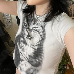 BXOXO Harajuku Animal Print Crop Top Basic White Short Sleeve Crewneck T-shirt Women Casual Slim-fitting Tees Lady y2k Vintage