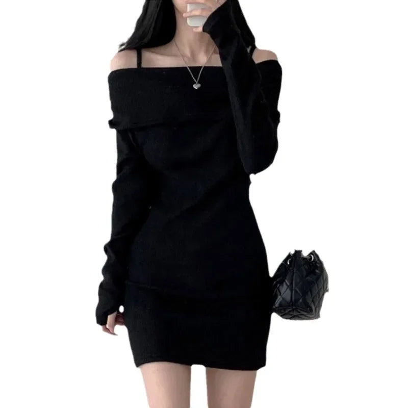 BXOXO Chic Korean Style Knitted Mini Dress Shoulder Baring Scoop Neck Slim Fit Ribbed Short Skirt For Women Autumn Winter Collection