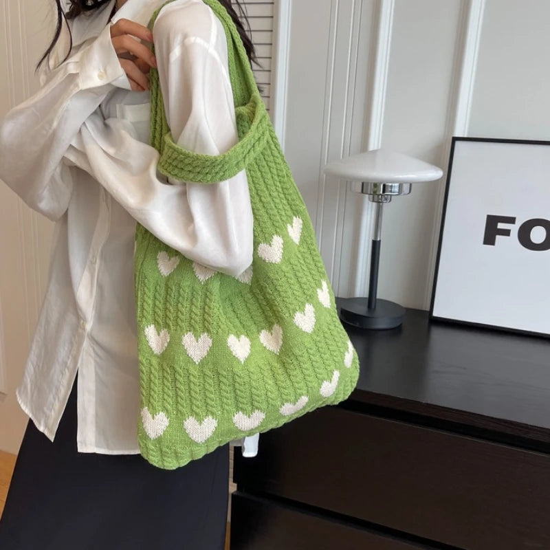 BXOXO Large Capacity Fashion Women Shoulder Bag Woven Heart Casual Simple Handbag Harajuku Style Fresh High Quality Shopping Bag