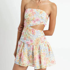 New Summer Women Dress Fashion Wrapped Floral Cutout Mini Cake Dress Casual Seaside Beach Vacation Ladies Clothing Dress XS-2XL