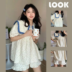 BXOXO Collar Sleepwear Women Pajama Sets Korean Short Sleeve Piiama Summer Set 2 Pieces Floral Night Wear Sleeping Home Suit