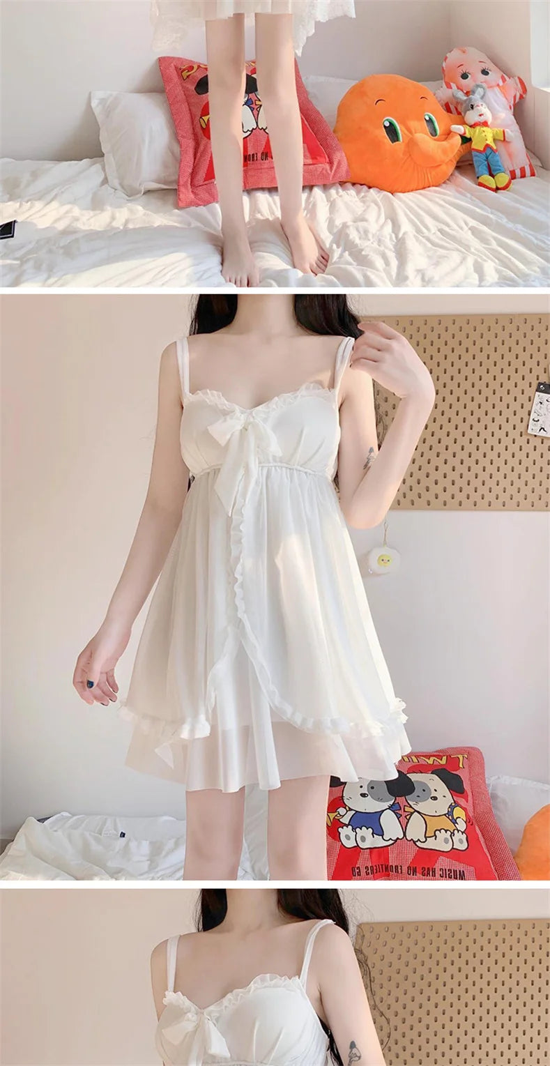 Bxoxo Elegant Sweet Simple Solid White Women Robe Gown Sets Chic Lace Bow Mesh  Sleepwear Breathable Slim Nightdress