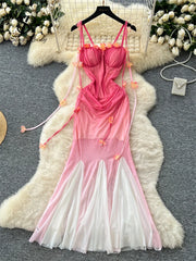BXOXO Spaghetti Strap Mesh Beach Dress Female 3D Floral Backless Maxi Sundress Holiday Gradient Mermaid Long Party Dress