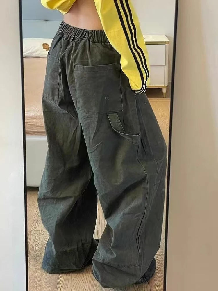 Bxoxo Vintage Washed Women Cargo Jeans Harajuku Wide Leg American 2000s Style Denim Pants Baggy Trousers Casual Streetwear