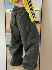 Bxoxo Vintage Washed Women Cargo Jeans Harajuku Wide Leg American 2000s Style Denim Pants Baggy Trousers Casual Streetwear