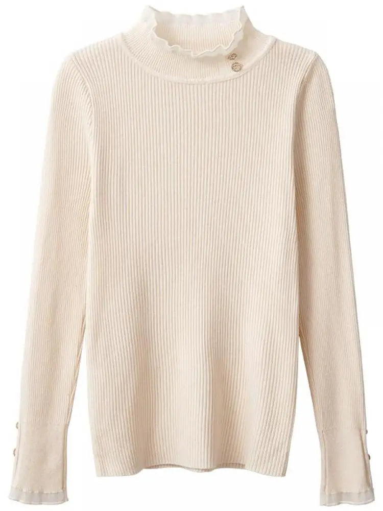 Bxoxo Knitted Women Sweater O-neck Button Pullovers Spring Autumn Basic Sweaters for Female Pullover Slim Solid Bold Lace Tops