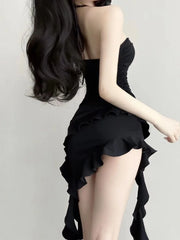 BXOXO Sexy Backless Black Dress for Women 2025 Summer New Slim Waist Ruffles Dresses Y2k E-Girl Irregular Strapless Vestidos Mujer
