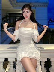 BXOXO Tassel Dress Women One Shoulder Multi-Layered Ruffles Skinny Lace-Up Backless Summer Trend Sweet Skinny Mini Bodycon