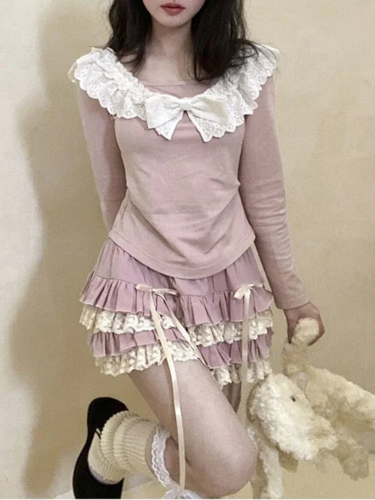 BXOXO Pink Lace Sweet Lolita Cake Skirt Women A-line Japanese Kawaii Cute Skirt Female Bow Korean Elegant Fairy Skirt Autumn