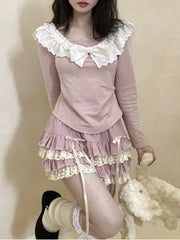 BXOXO Pink Lace Sweet Lolita Cake Skirt Women A-line Japanese Kawaii Cute Skirt Female Bow Korean Elegant Fairy Skirt Autumn