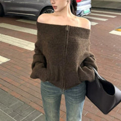 Bxoxo Women's Off-the-Shoulder Sweater Cardigan Zip Up Knitted Off Shoulder Sweater Jacket Teen-girl Fall Winter Y2K Outfit