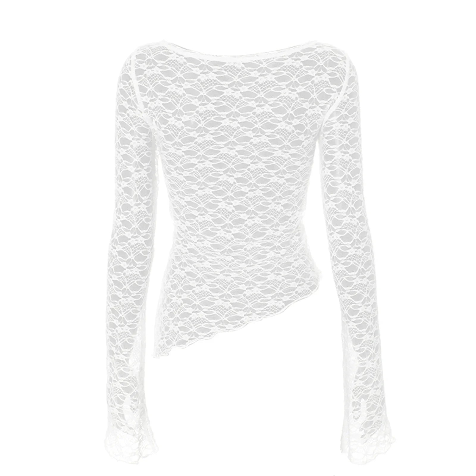 BXOXO Sexy Lace Long Sleeve T Shirts Fashion Women Knitted Perspective Autumn Tees Tops Clothes Streetwear Y2K Slim T-Shirt