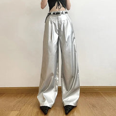 Bxoxo Silver Pu Leather Women Wide Leg Pants Autumn High Waist Streetwear Loose Punk Trousers Y2K Korean Fashion Casual Straight Leg
