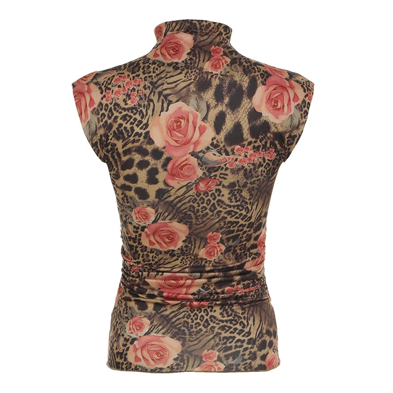 BXOXO Vintage Floral Print Crop Top Women Retro Sleeveless Turtleneck Skinny Tank Tops Harajuku y2k Tee Summer Casual Lady Vest