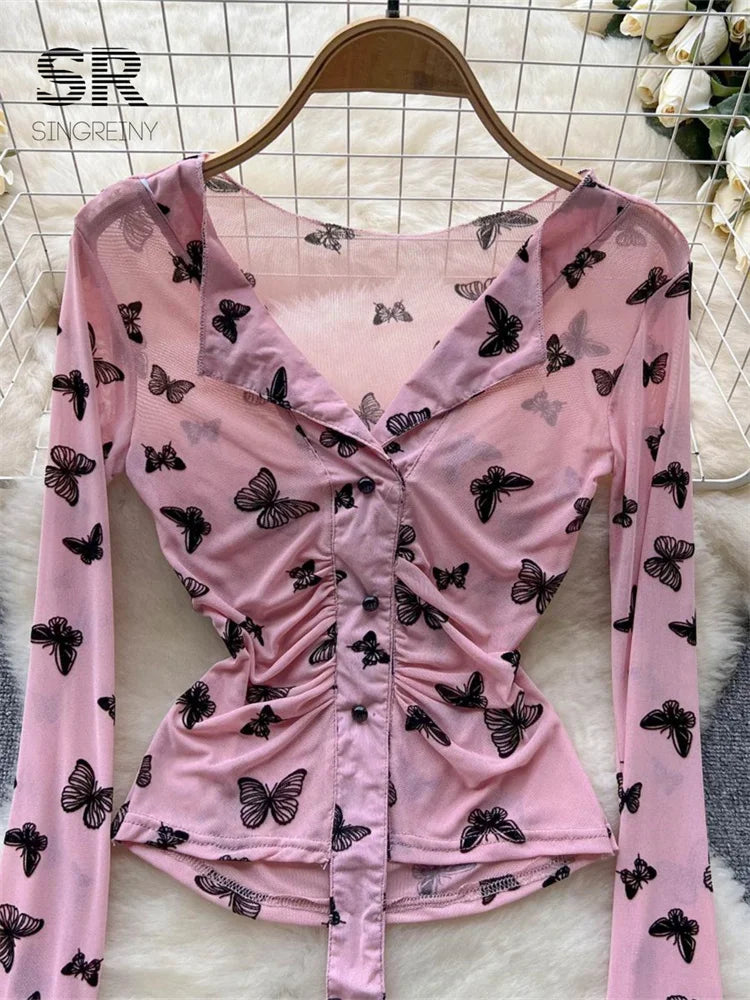 Bxoxo Butterfly Print Blouse Summer Long Sleeve V Neck Y2K 2024 Slim Vacation Ladies High Street Fashion Casual Shirt