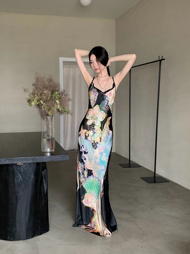 Bxoxo Ocean Flowers Backless Long Mermaid Dress For Woman Summer 2025 V Neck Midi Slip Dress Evening Party Clothes