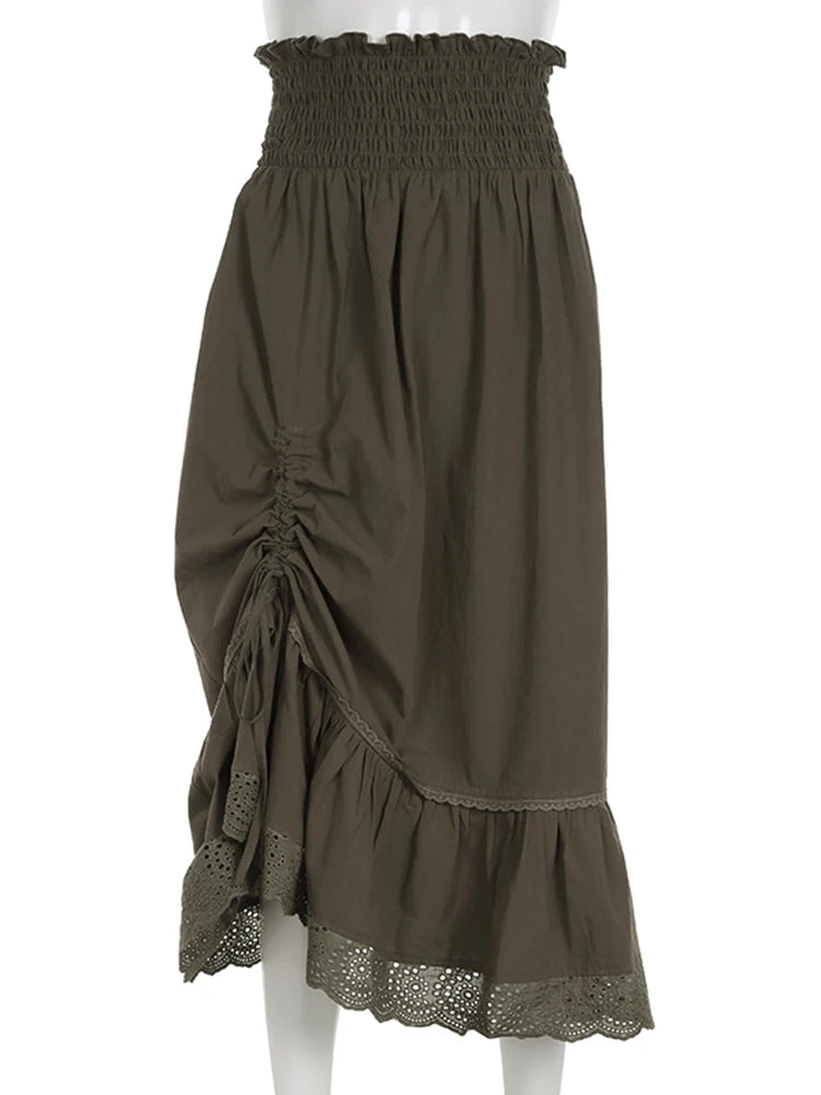 BXOXO Vintage Grunge Fairycore Long Skirt High Waist Y2K Aesthetics Party A-line Pleated Lace Maxi Skirts Harajuku Mori Girls