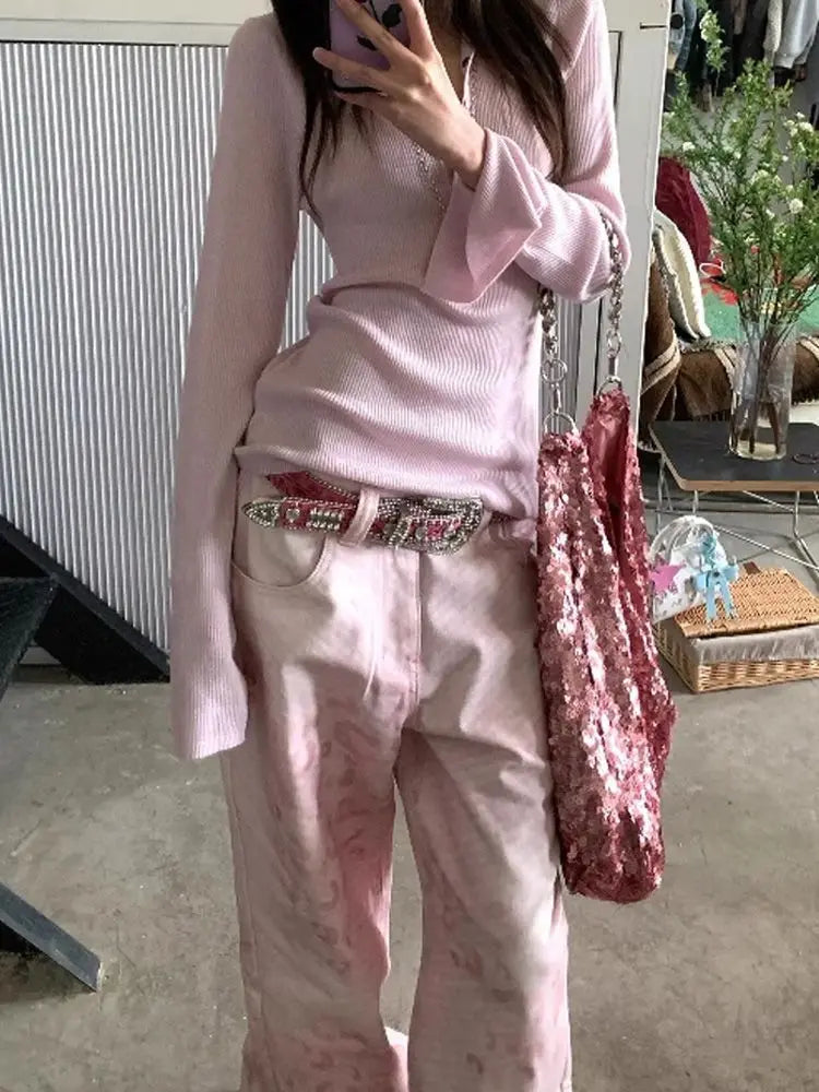 Bxoxo Pink Vintage Leopard Women Jeans Wide Leg American Retro Denim Pants Baggy High Waist Animal Print Trousers Gyaru New