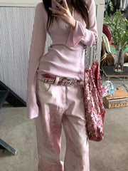 Bxoxo Pink Vintage Leopard Women Jeans Wide Leg American Retro Denim Pants Baggy High Waist Animal Print Trousers Gyaru New