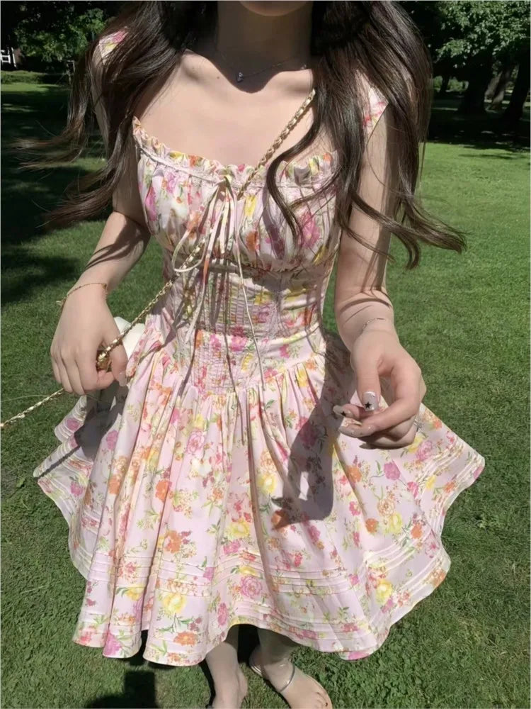 Bxoxo Women's Elegant Dresses French Print Summer New 2025 Casual Slim Waist A-Line Square-Collar Pleated Spaghetti Strap Vestidos