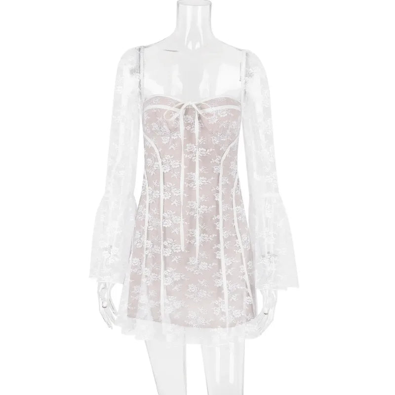 BXOXO Lace Ruffle Mini Dress Slim Sexy Backless Long Sleeve Bandage Dresses Women Summer Slim Patchwork Vacation Beach Dress