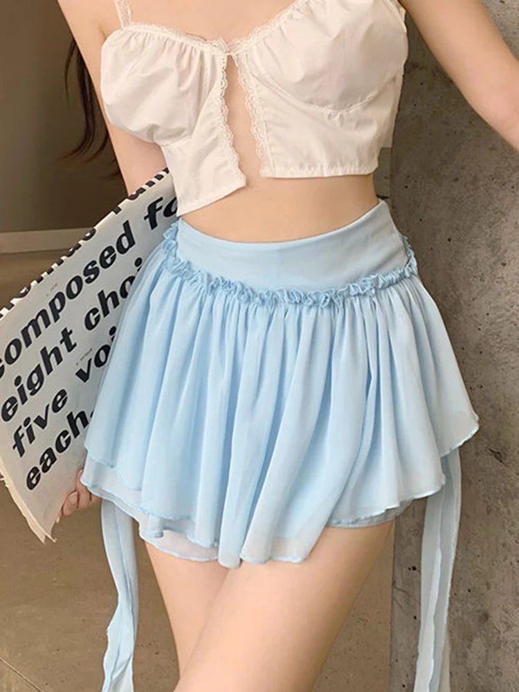 BXOXO Ruffles Women Chiffon Sexy Skirt Sweet Japan Ribbon Patchwork Mini Skirt Summer High Waist Cute with Shorts A Line Skirt