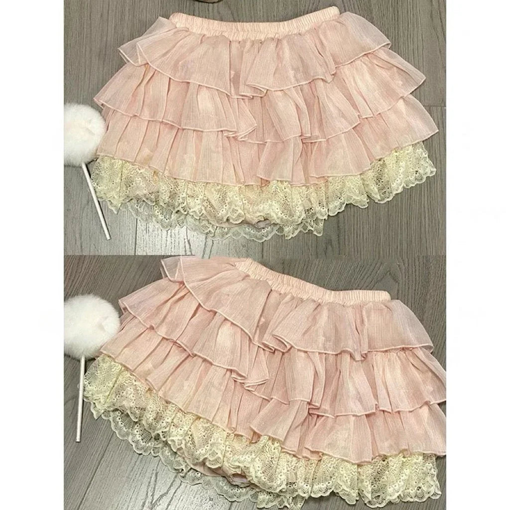 Bxoxo Pink Sweet Lace Patchwork Mini Skirt Women Low Rise Kawaii Lolita Ruffle Dance Skirt Y2K Japanese Streetwear Ruffle Fairy Faldas