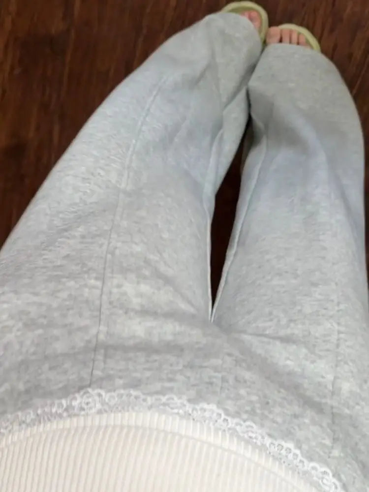 Bxoxo Basic Lace Patchwork Women Flare Pants Gray Korean Fashion Sweatpants Harajuku Contrast Color Trousers Baggy Casual