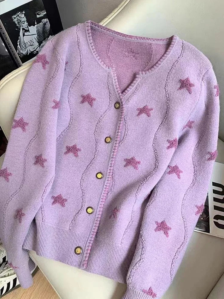 Bxoxo Stars Print Vintage Cardigan Women Casual Cute Long Sleeve Loose Knitted Sweater Korean Retro O Neck Female Purple Tops New