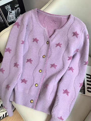 Bxoxo Stars Print Vintage Cardigan Women Casual Cute Long Sleeve Loose Knitted Sweater Korean Retro O Neck Female Purple Tops New